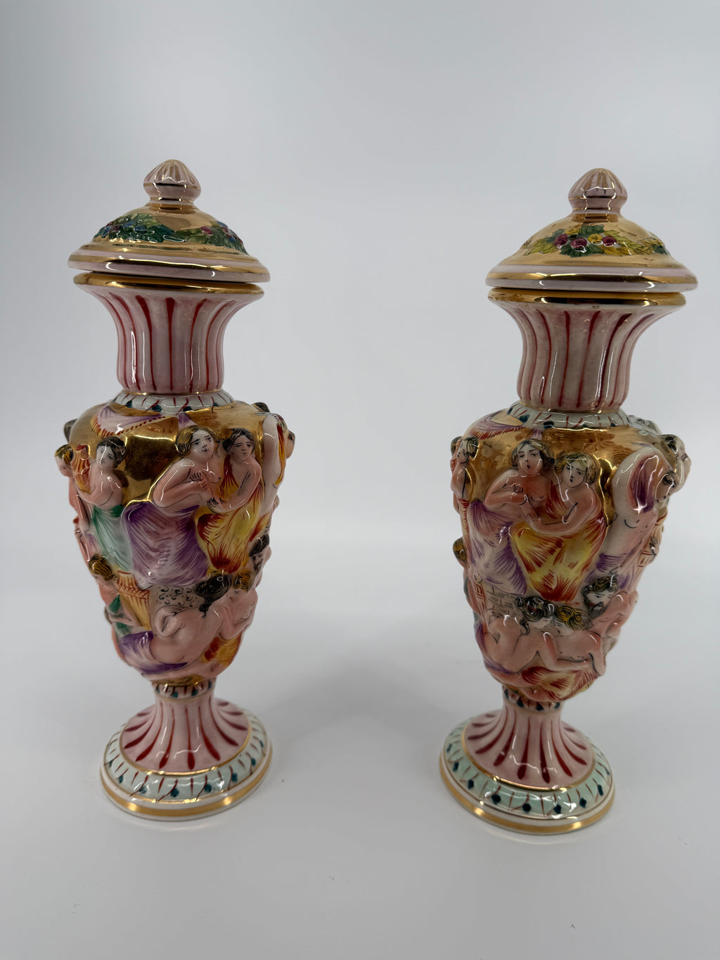 Vintage Italian Capodimonte-Style Figural Urns – Pair