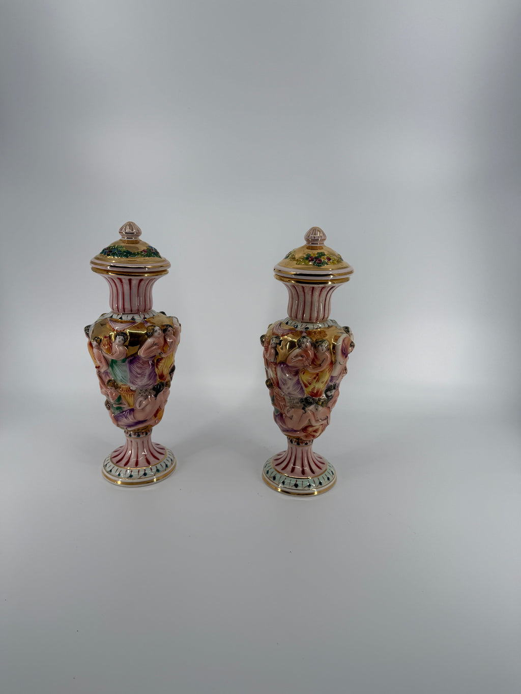 Vintage Italian Capodimonte-Style Figural Urns – Pair