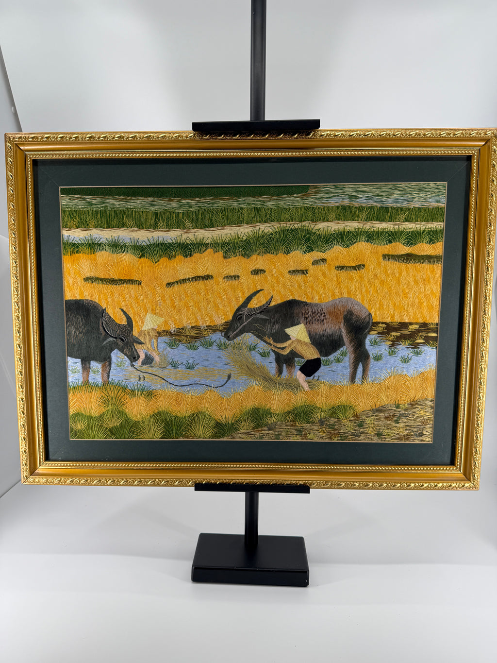 Signed Vietnamese Hand-Embroidered Textile Art – Water Buffalo Rice Harvest
