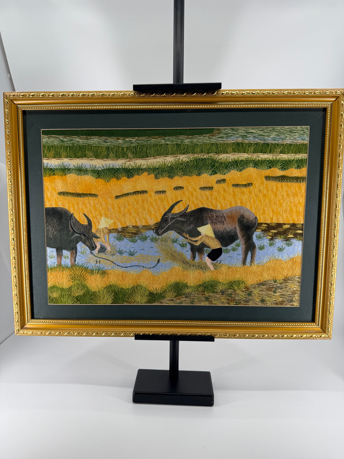 Signed Vietnamese Hand-Embroidered Textile Art – Water Buffalo Rice Harvest