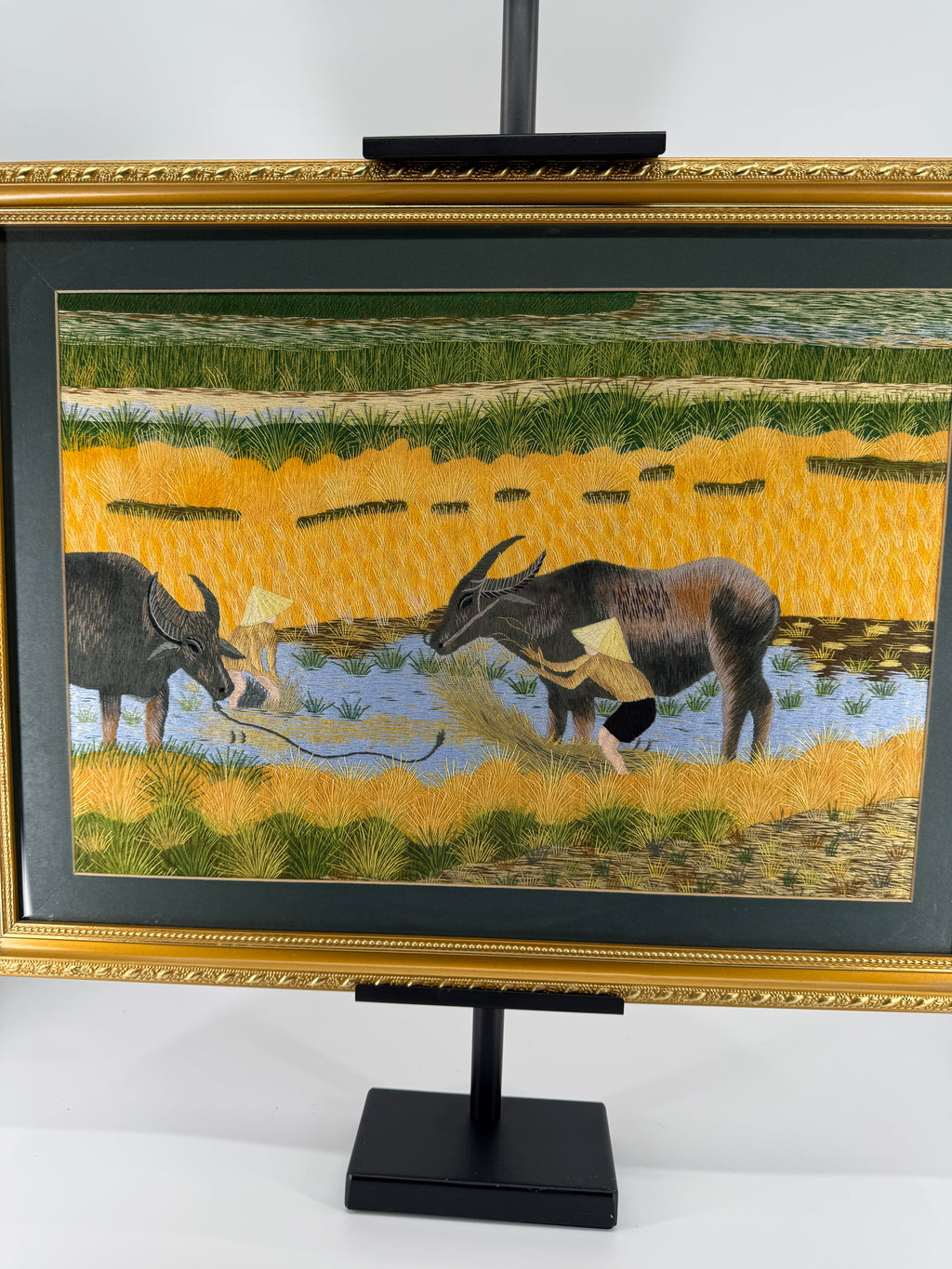 Signed Vietnamese Hand-Embroidered Textile Art – Water Buffalo Rice Harvest