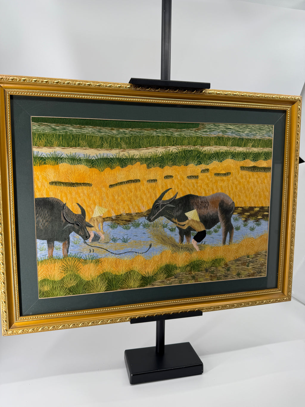 Signed Vietnamese Hand-Embroidered Textile Art – Water Buffalo Rice Harvest
