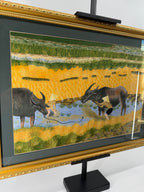 Signed Vietnamese Hand-Embroidered Textile Art – Water Buffalo Rice Harvest