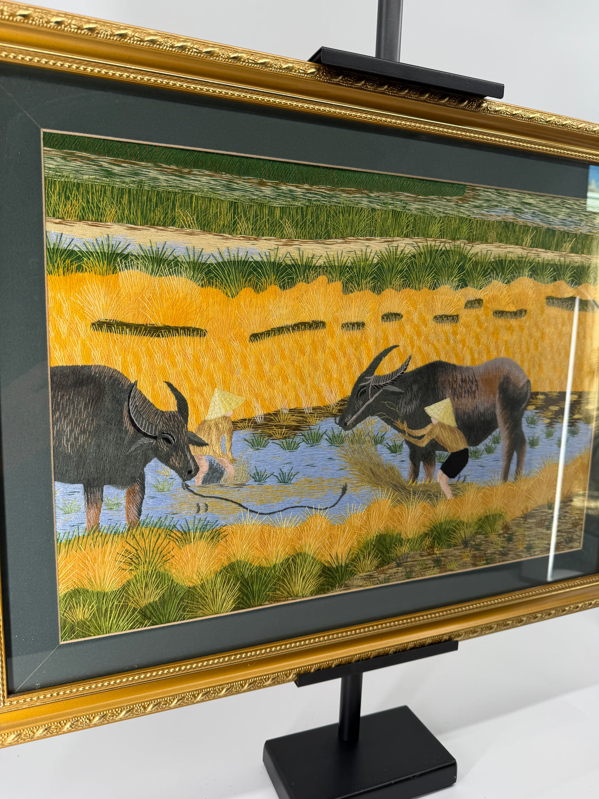 Signed Vietnamese Hand-Embroidered Textile Art – Water Buffalo Rice Harvest