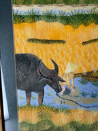 Signed Vietnamese Hand-Embroidered Textile Art – Water Buffalo Rice Harvest