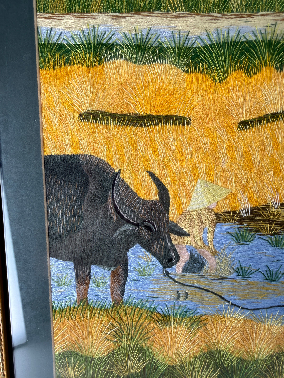 Signed Vietnamese Hand-Embroidered Textile Art – Water Buffalo Rice Harvest