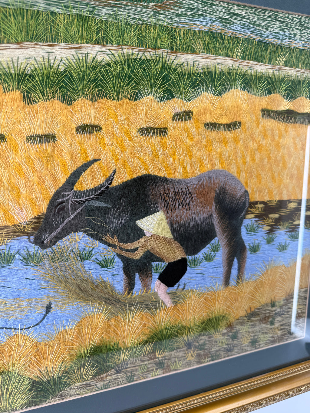 Signed Vietnamese Hand-Embroidered Textile Art – Water Buffalo Rice Harvest
