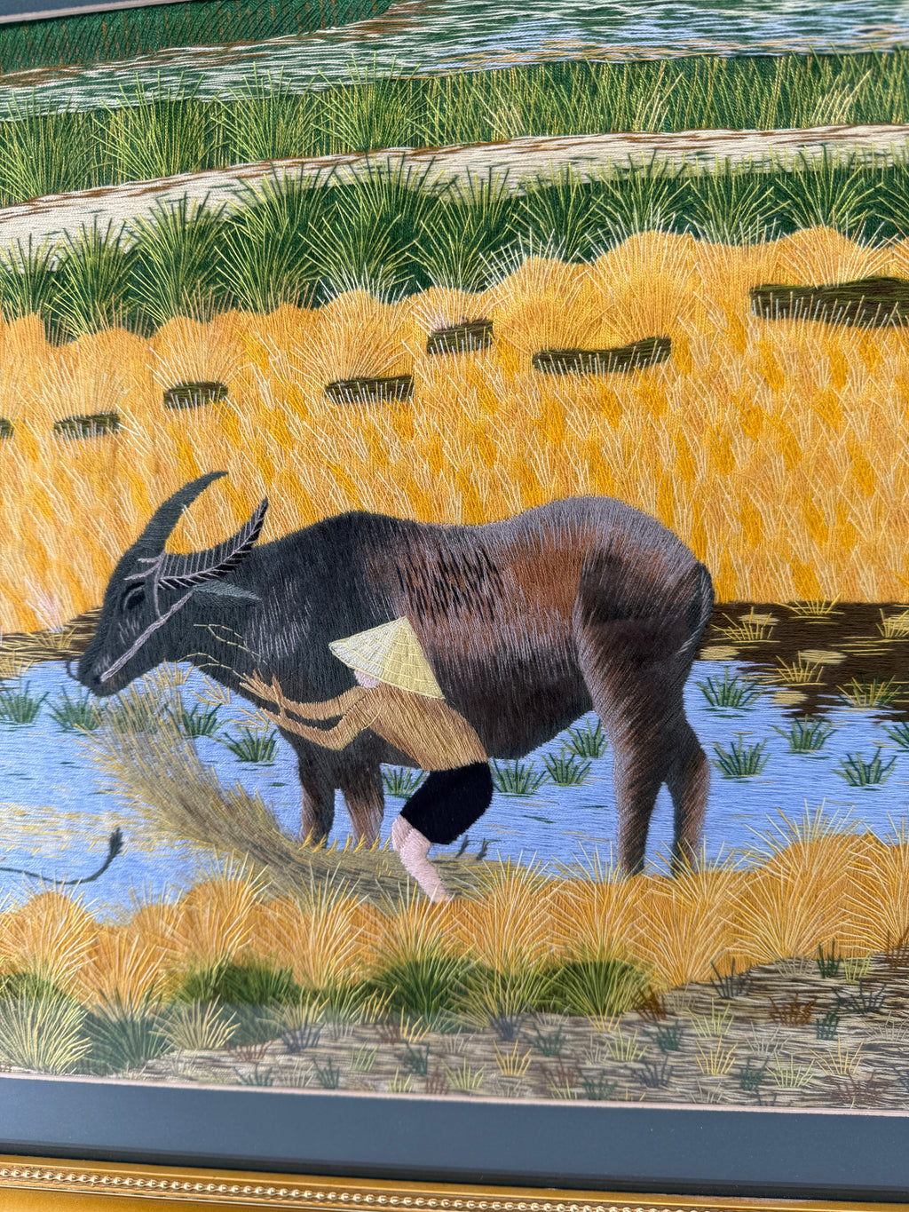 Signed Vietnamese Hand-Embroidered Textile Art – Water Buffalo Rice Harvest