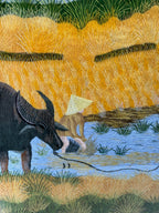 Signed Vietnamese Hand-Embroidered Textile Art – Water Buffalo Rice Harvest