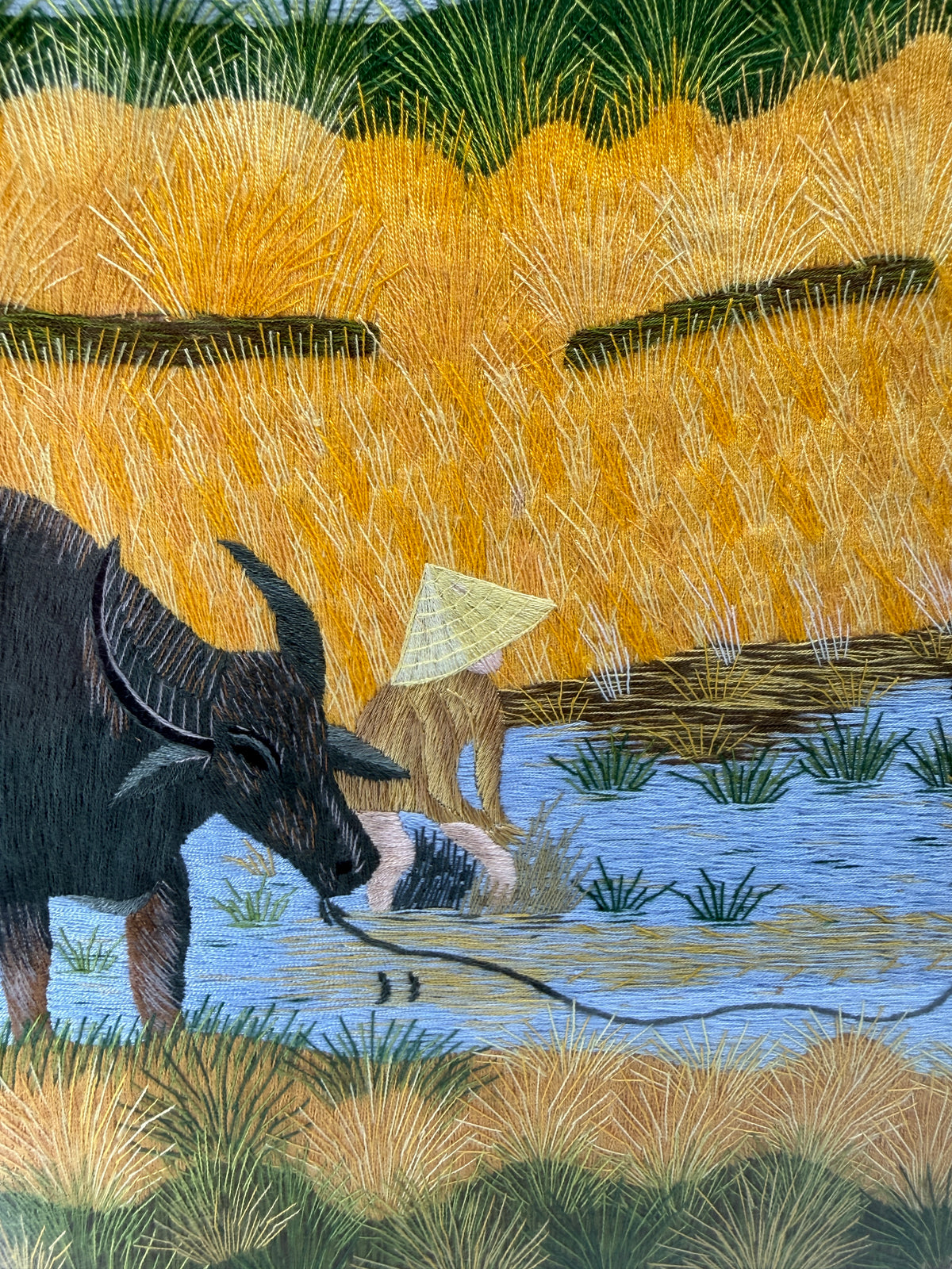Signed Vietnamese Hand-Embroidered Textile Art – Water Buffalo Rice Harvest