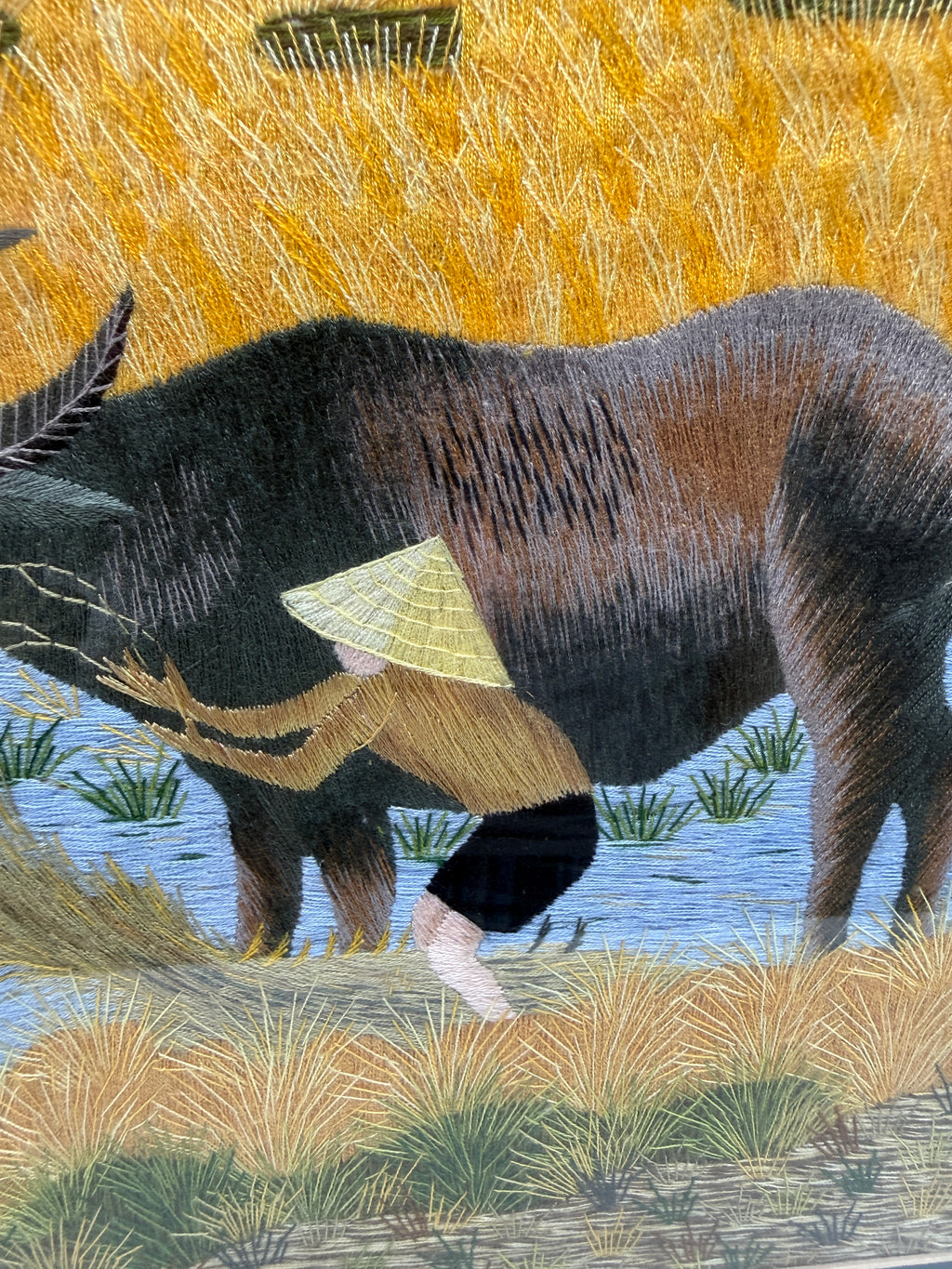 Signed Vietnamese Hand-Embroidered Textile Art – Water Buffalo Rice Harvest