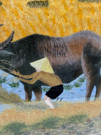 Signed Vietnamese Hand-Embroidered Textile Art – Water Buffalo Rice Harvest