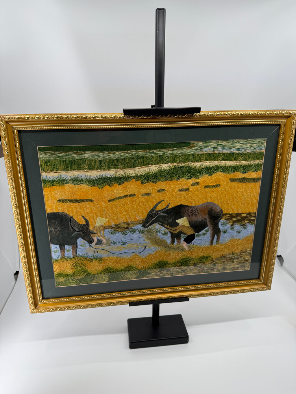 Signed Vietnamese Hand-Embroidered Textile Art – Water Buffalo Rice Harvest