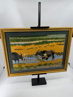 Signed Vietnamese Hand-Embroidered Textile Art – Water Buffalo Rice Harvest