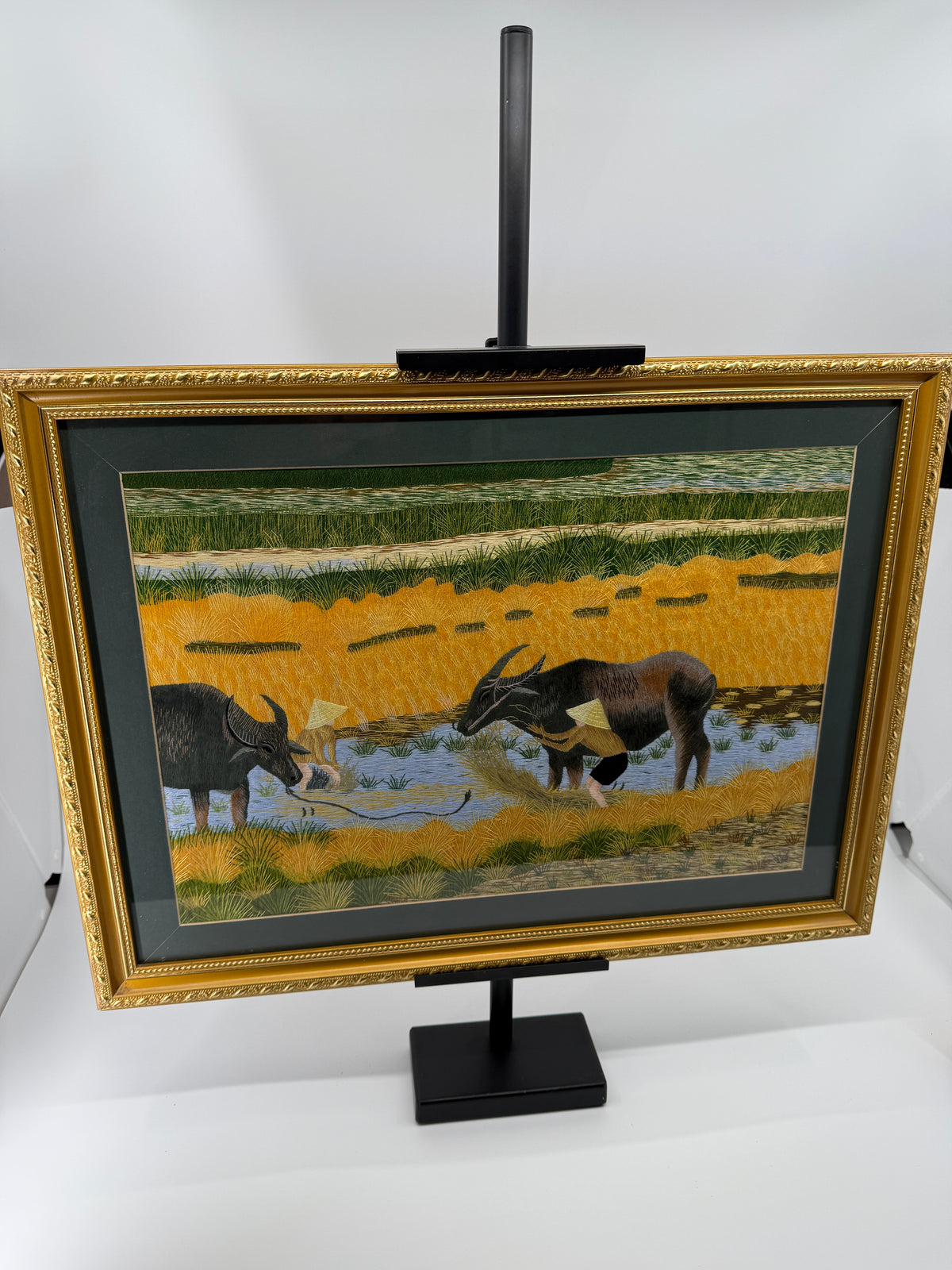 Signed Vietnamese Hand-Embroidered Textile Art – Water Buffalo Rice Harvest