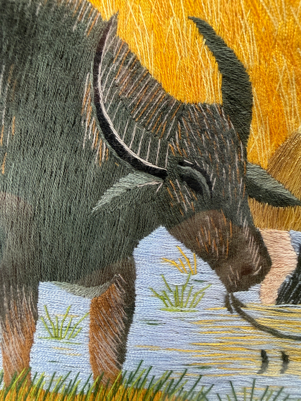 Signed Vietnamese Hand-Embroidered Textile Art – Water Buffalo Rice Harvest