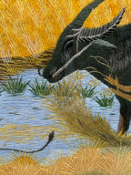 Signed Vietnamese Hand-Embroidered Textile Art – Water Buffalo Rice Harvest