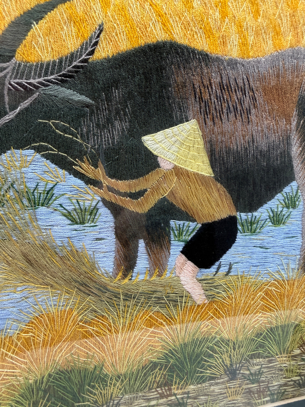 Signed Vietnamese Hand-Embroidered Textile Art – Water Buffalo Rice Harvest