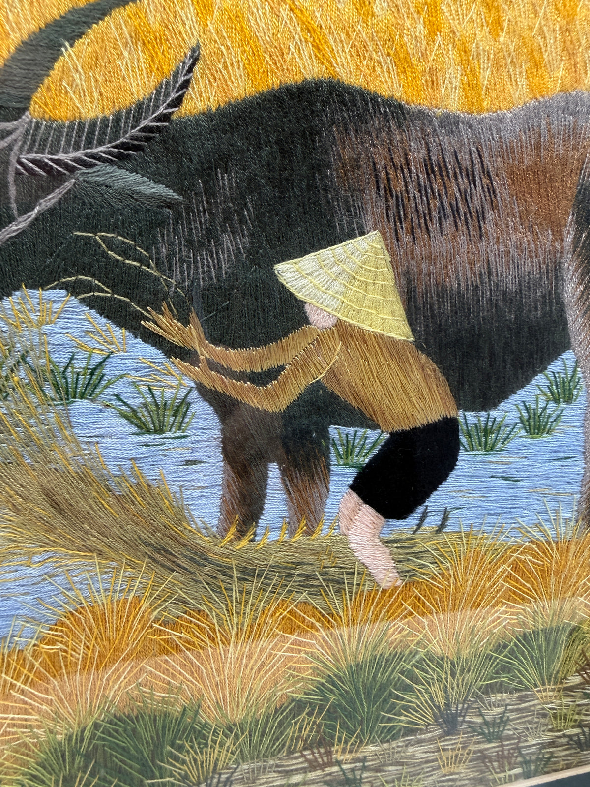 Signed Vietnamese Hand-Embroidered Textile Art – Water Buffalo Rice Harvest