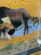 Signed Vietnamese Hand-Embroidered Textile Art – Water Buffalo Rice Harvest