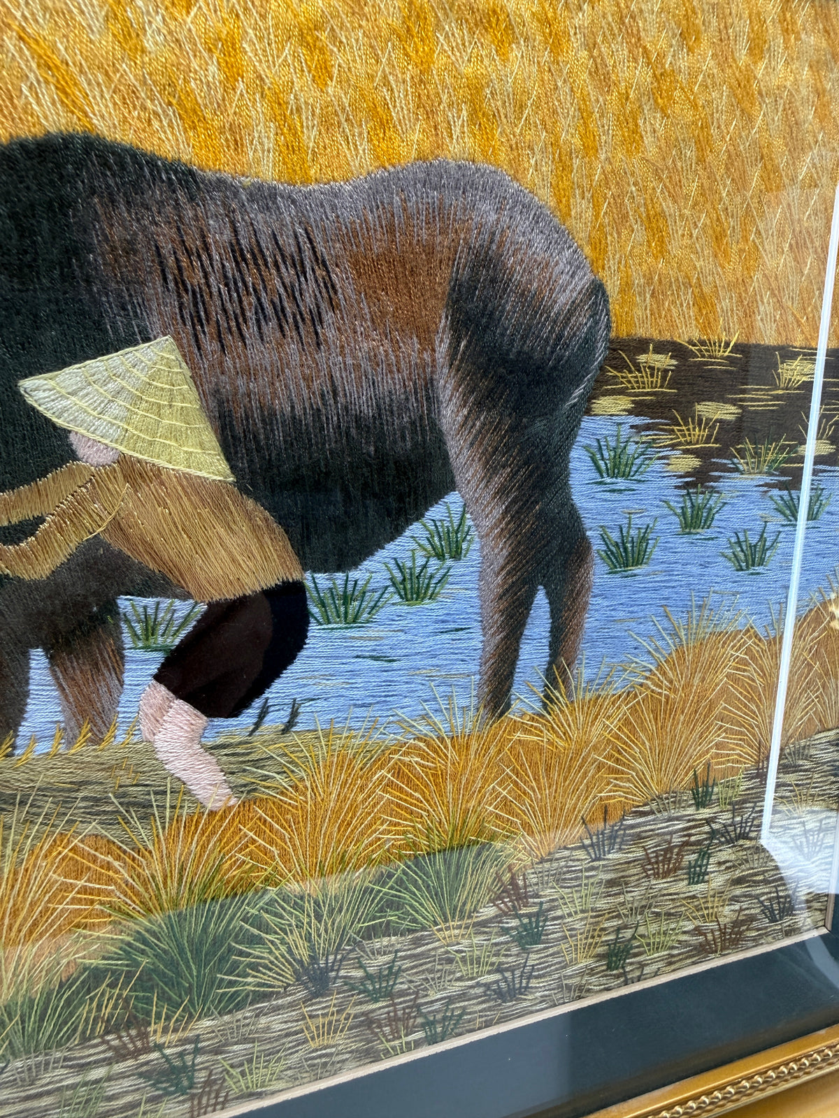 Signed Vietnamese Hand-Embroidered Textile Art – Water Buffalo Rice Harvest