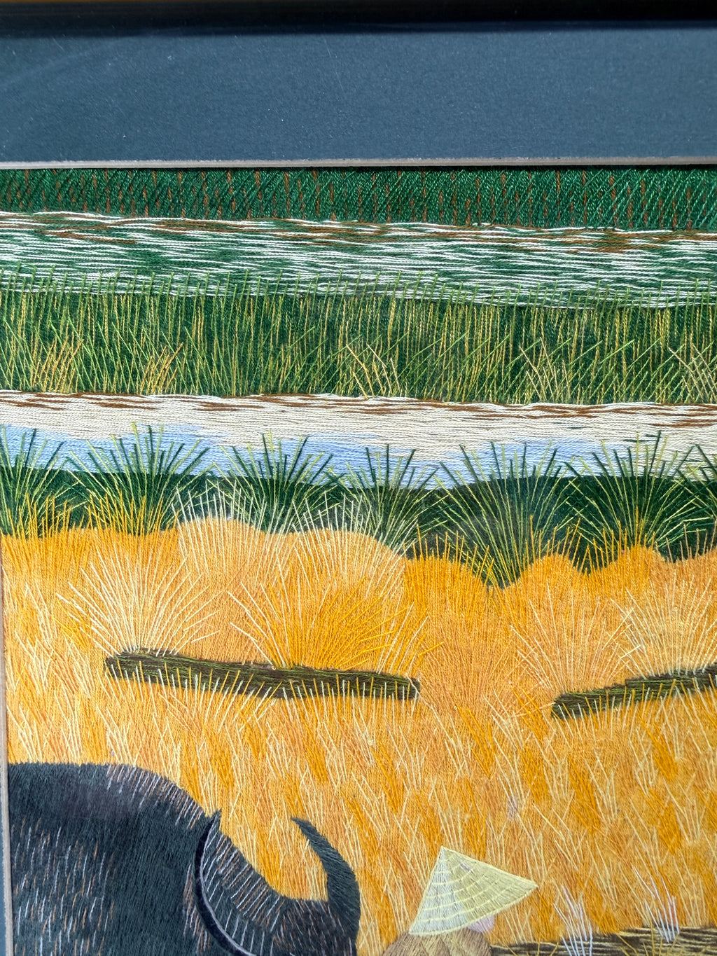 Signed Vietnamese Hand-Embroidered Textile Art – Water Buffalo Rice Harvest