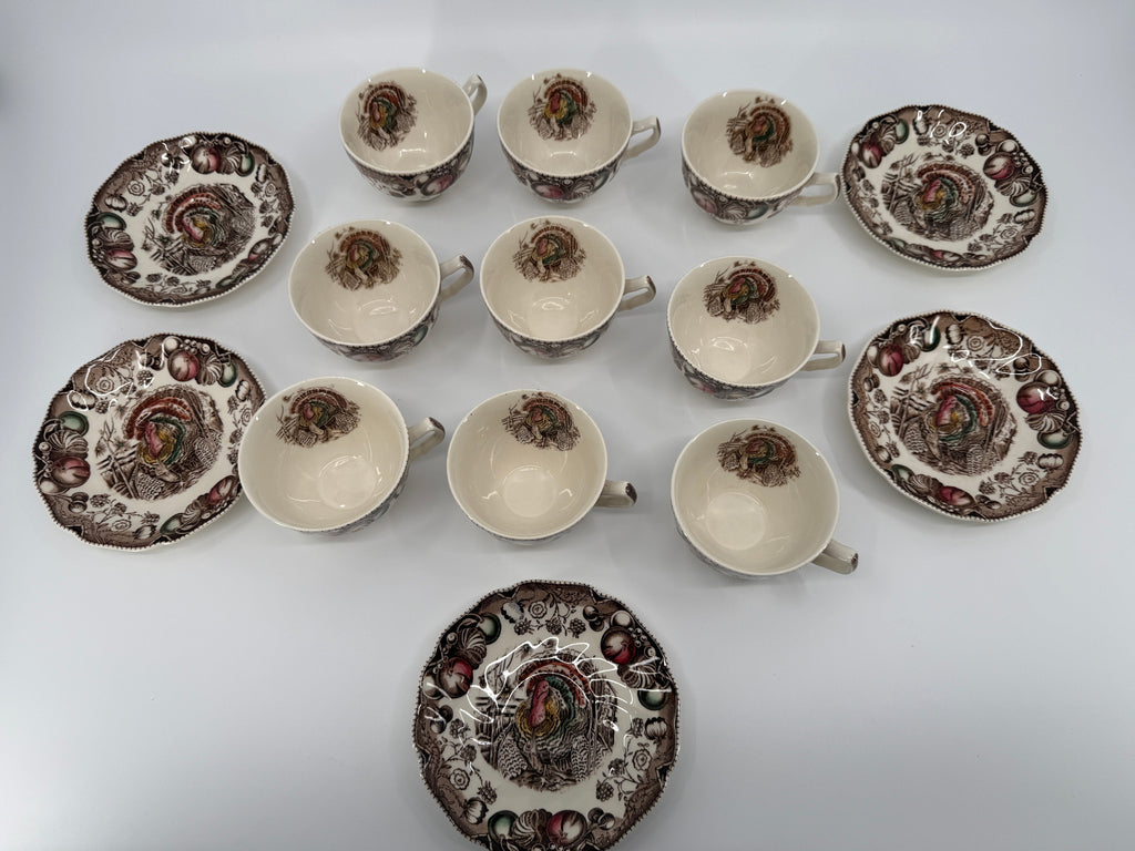Vintage Johnson Brothers His Majesty Turkey Cups & Saucers – 14-Piece Set