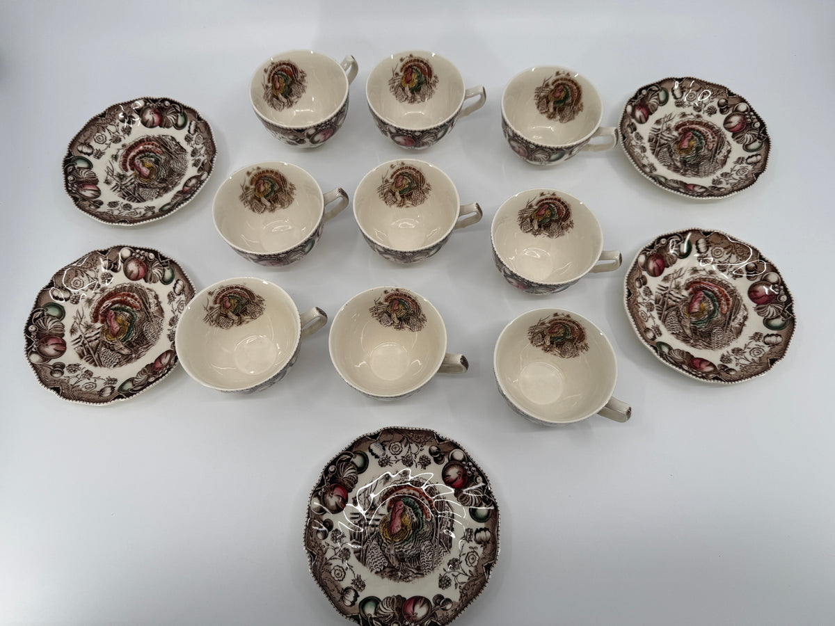 Vintage Johnson Brothers His Majesty Turkey Cups & Saucers – 14-Piece Set