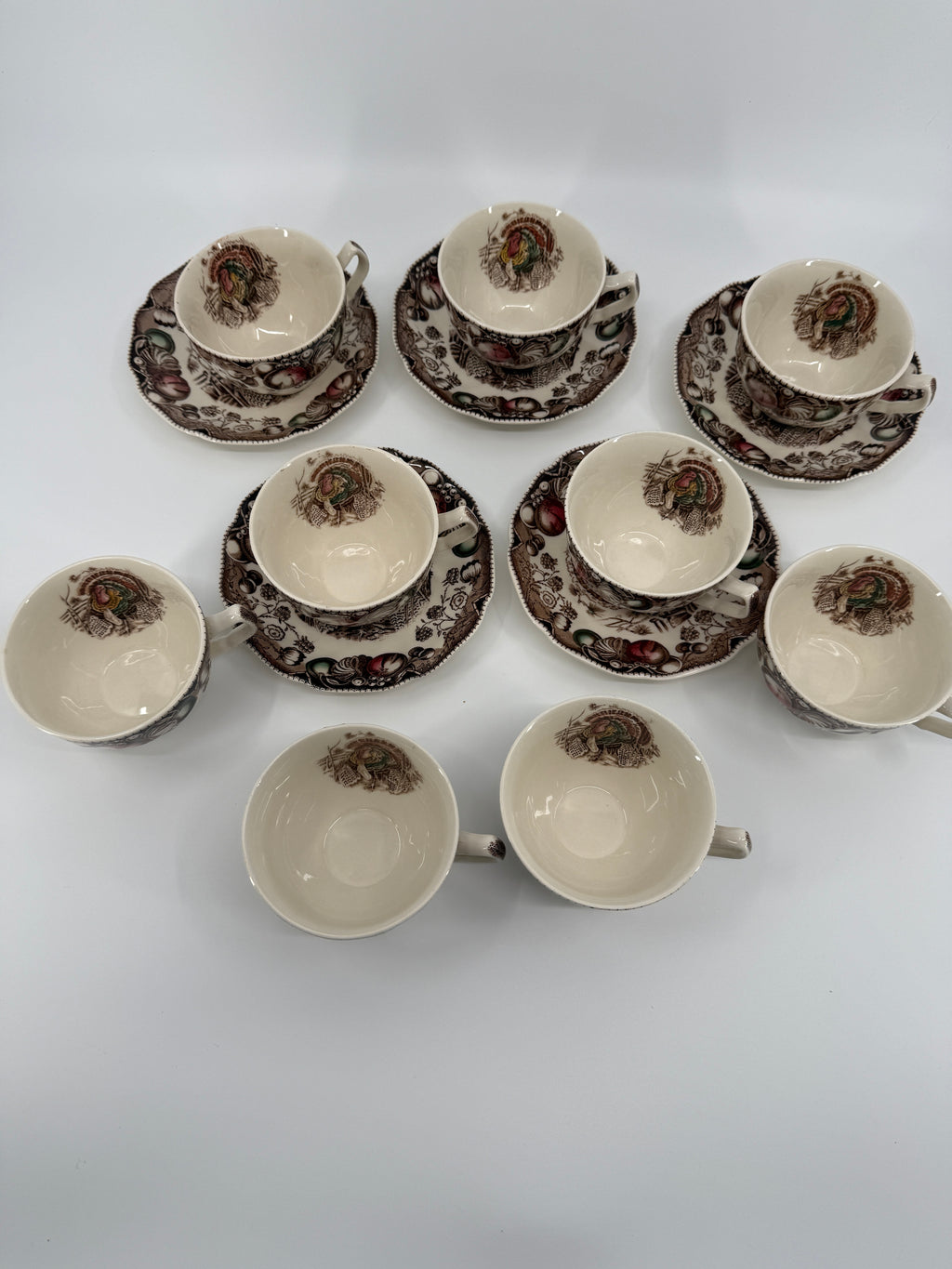 Vintage Johnson Brothers His Majesty Turkey Cups & Saucers – 14-Piece Set
