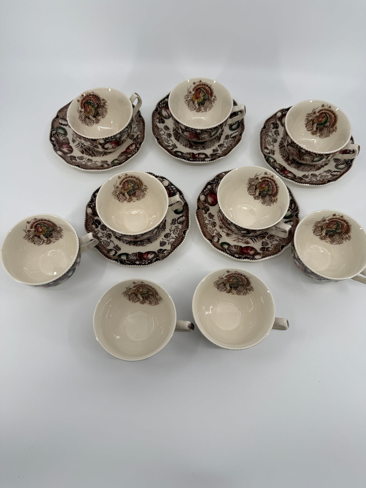 Vintage Johnson Brothers His Majesty Turkey Cups & Saucers – 14-Piece Set