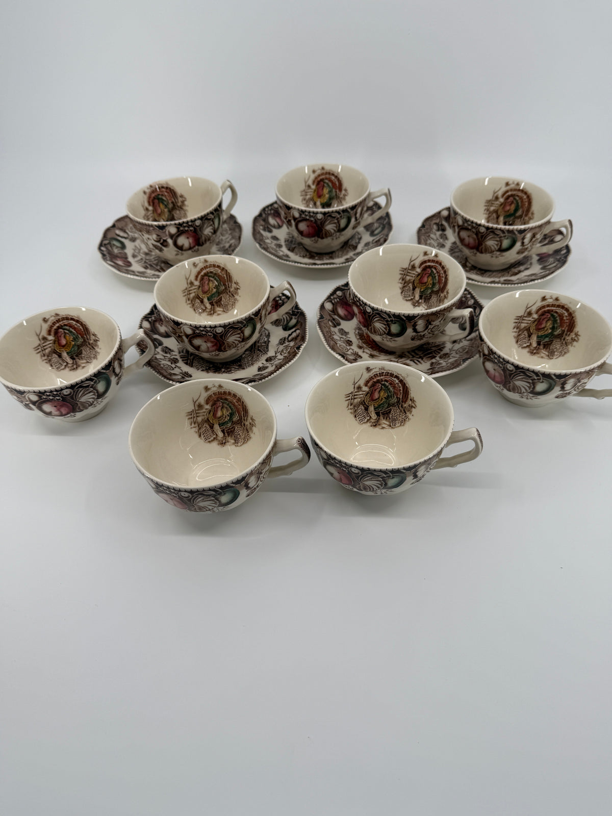 Vintage Johnson Brothers His Majesty Turkey Cups & Saucers – 14-Piece Set