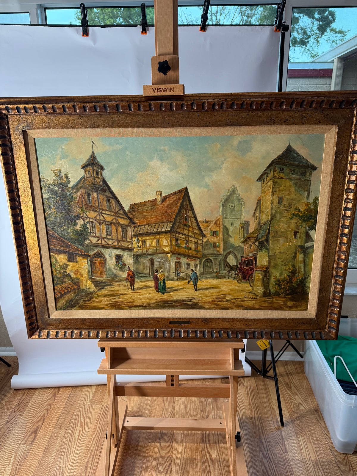 Joseph Spitzer Original Oil – European Village & Carriage – 43" Framed