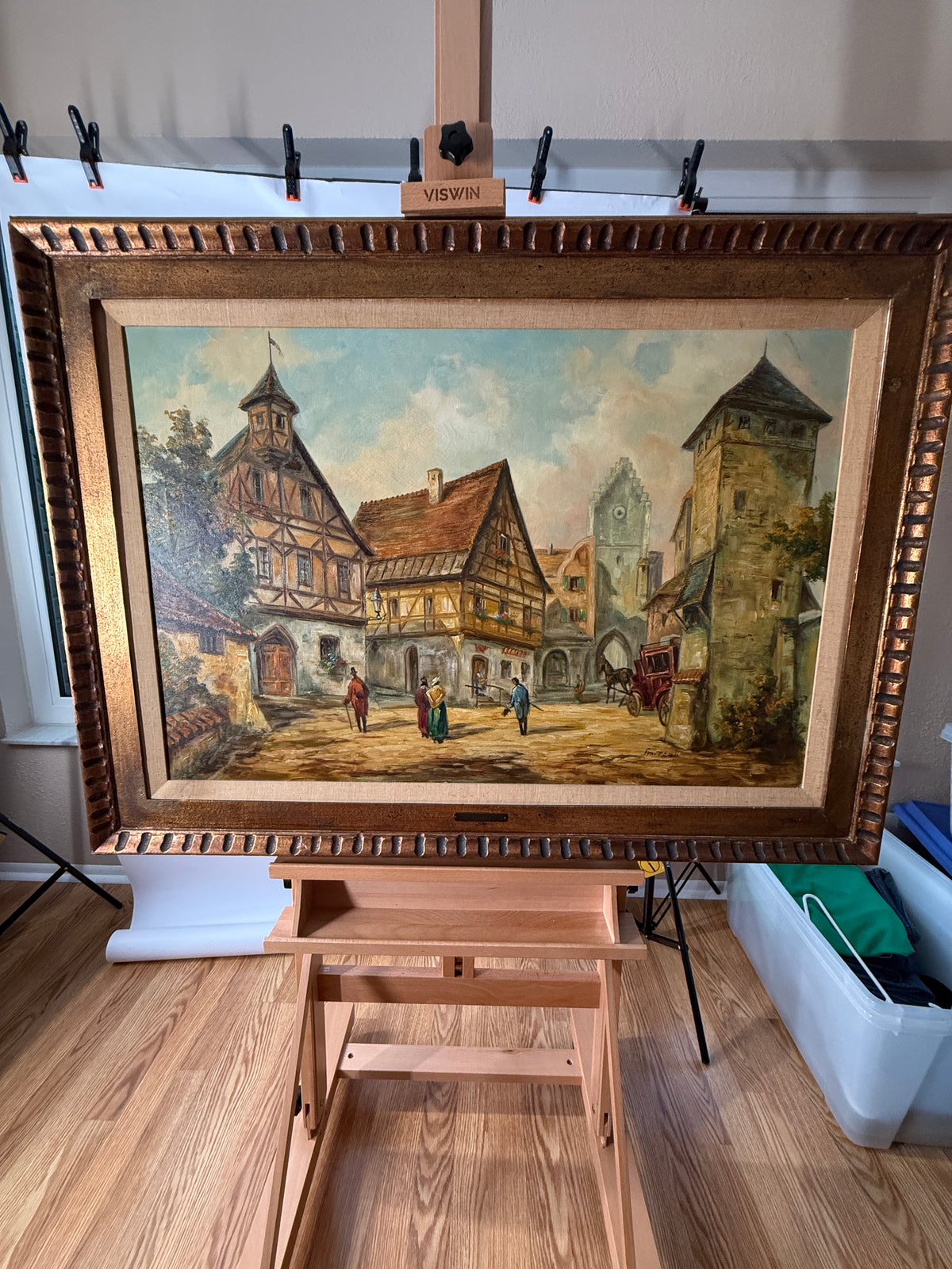 Joseph Spitzer Original Oil – European Village & Carriage – 43" Framed