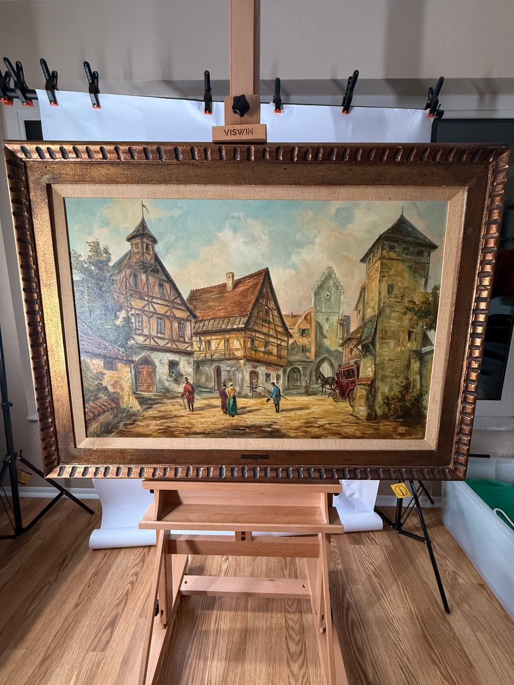 Joseph Spitzer Original Oil – European Village & Carriage – 43" Framed