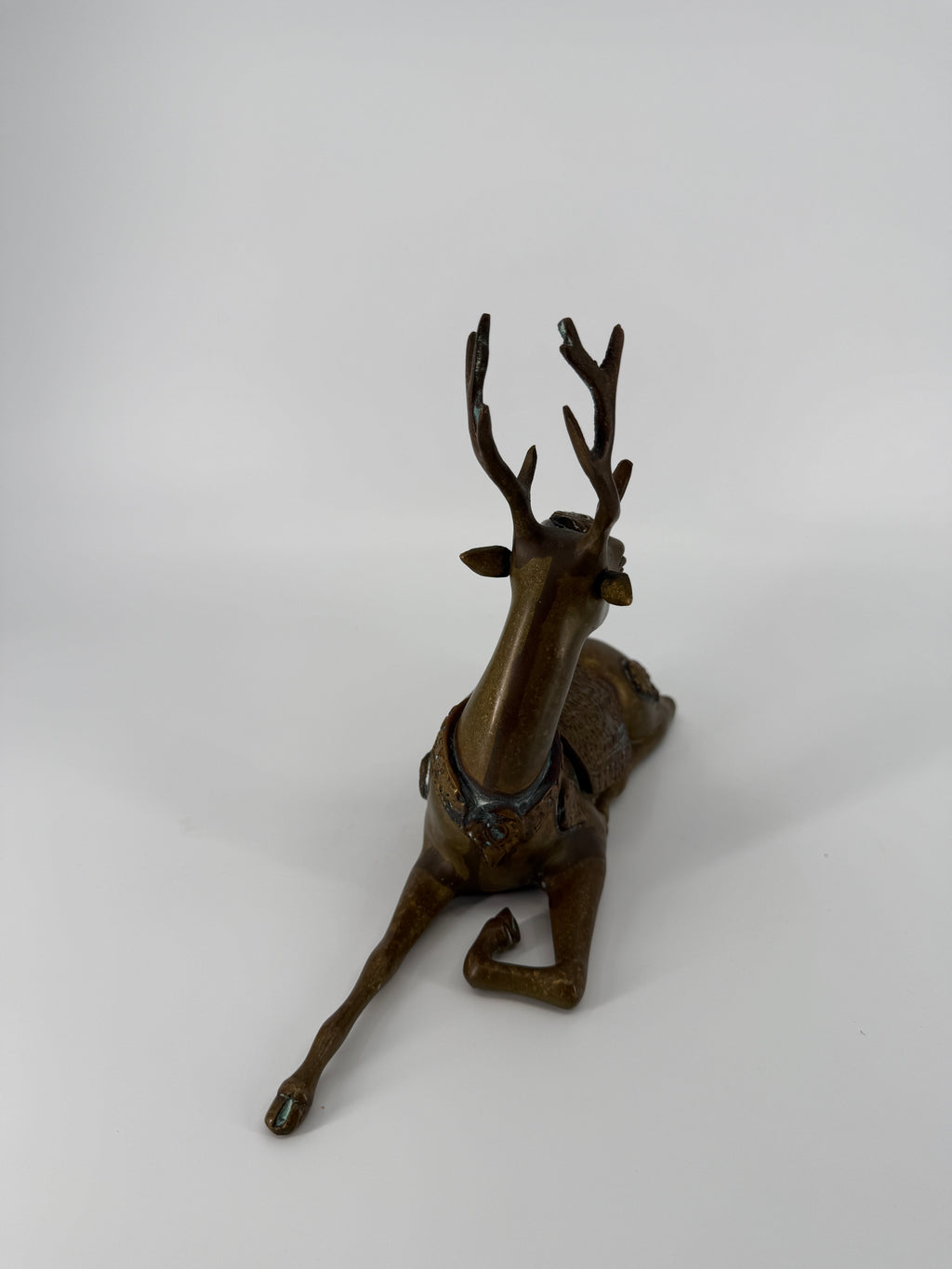 Vintage Brass Reclining Stag Deer Figurine – Ornate Saddle Detail – 11"