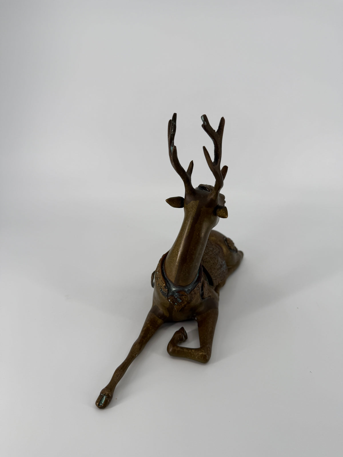 Vintage Brass Reclining Stag Deer Figurine – Ornate Saddle Detail – 11"