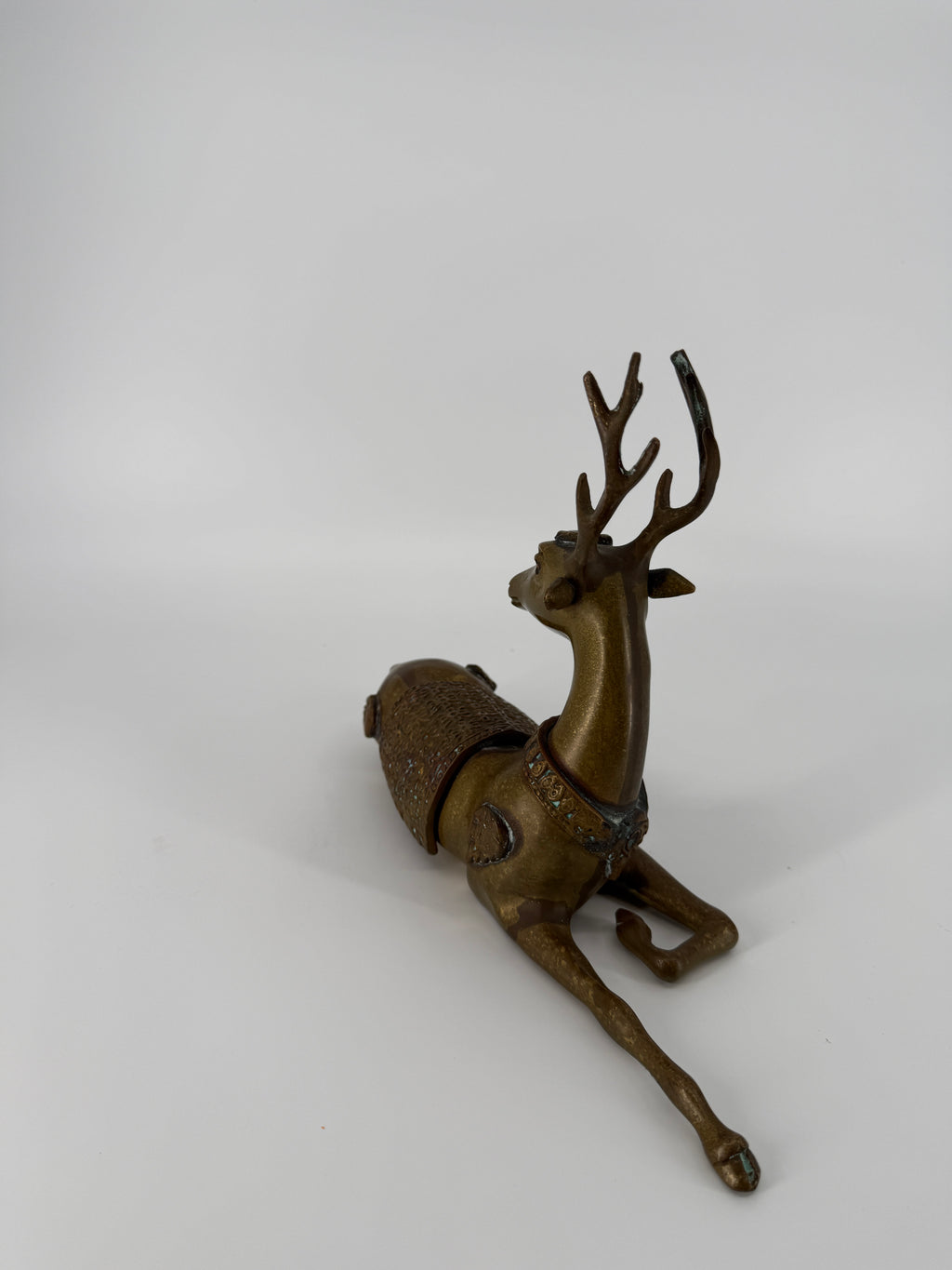 Vintage Brass Reclining Stag Deer Figurine – Ornate Saddle Detail – 11"
