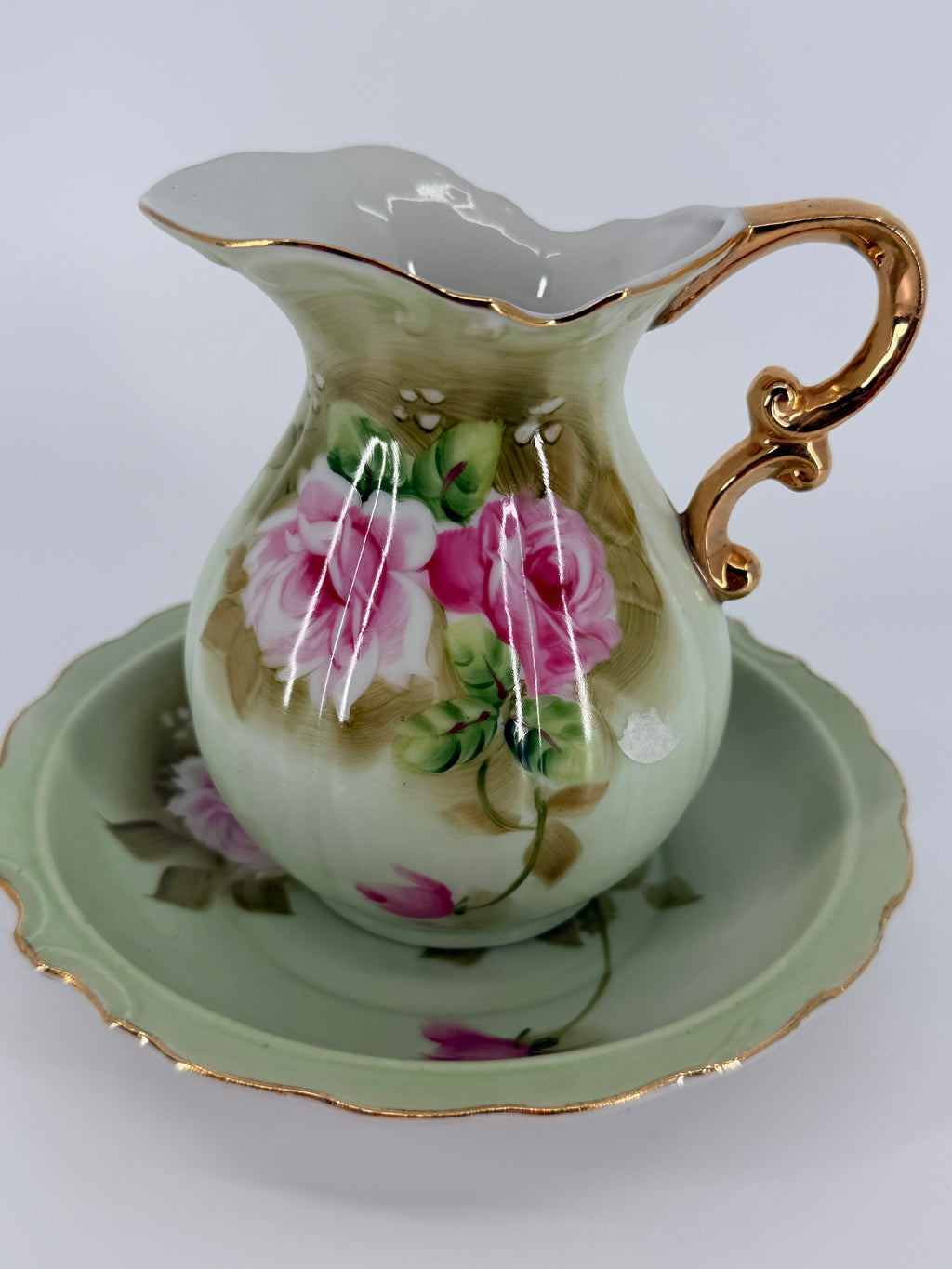 Vintage Lefton China Hand-Painted Pitcher and Basin set #4578 - Pink Roses & Gold Trim