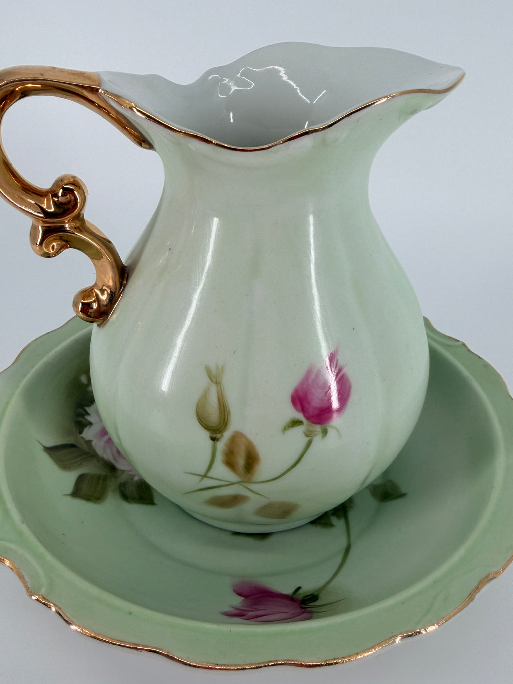 Vintage Lefton China Hand-Painted Pitcher and Basin set #4578 - Pink Roses & Gold Trim