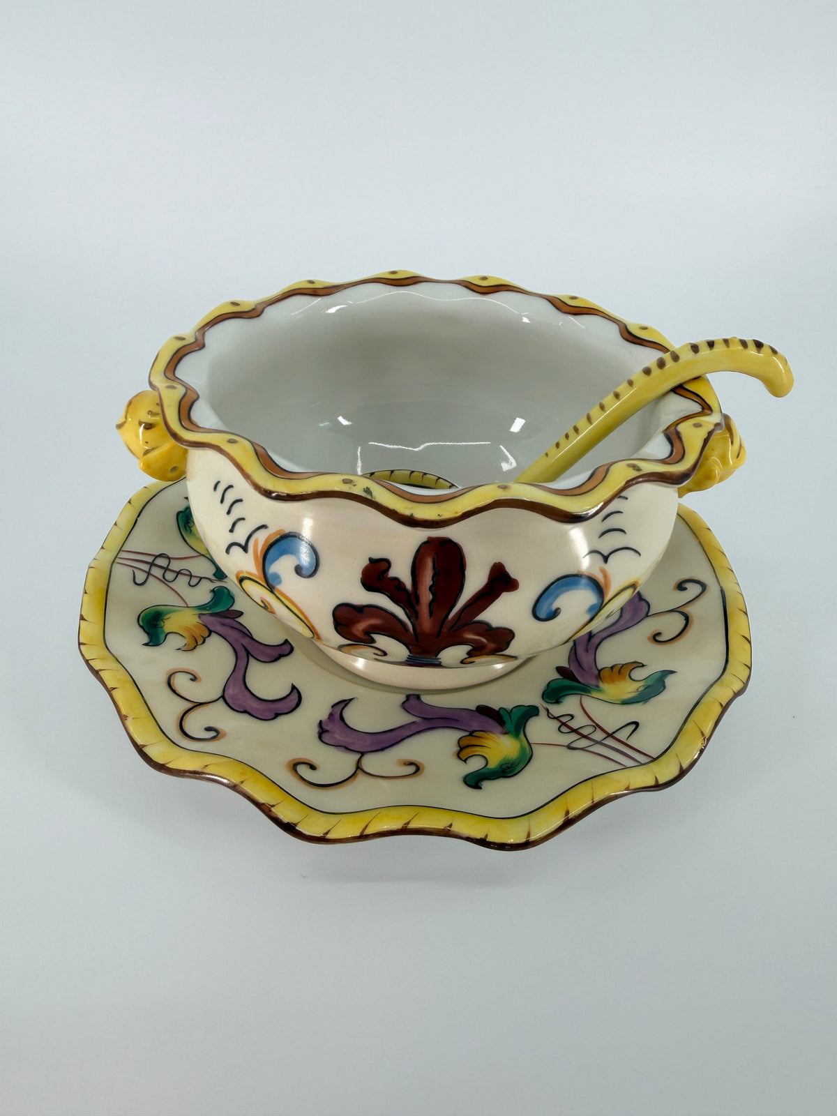 Antique Noritake Hand-Painted 3 Piece Mayonnaise Set - Bowl, Underplate & Ladle / Red M Wreath c.1920's