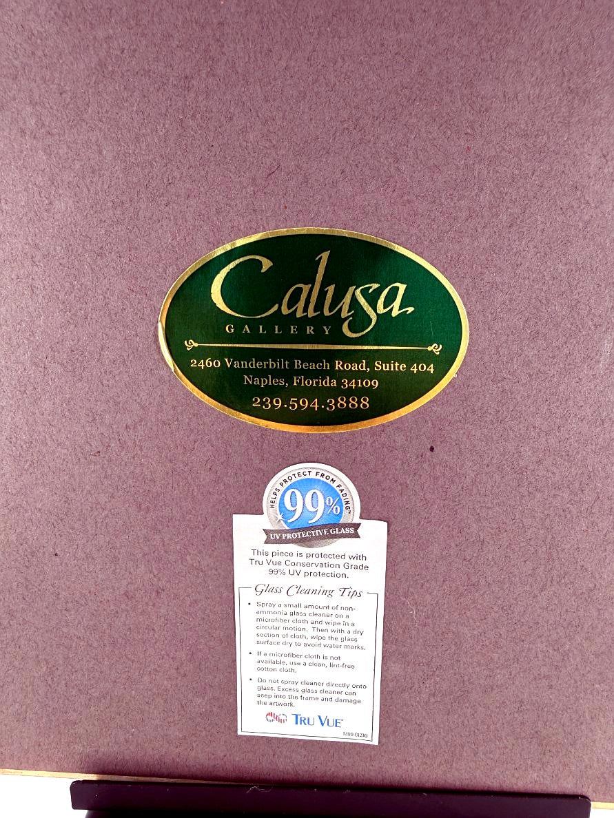 Calusa Gallery Naples Florida framer's label and Tru Vue Conservation Grade glass label, close-up