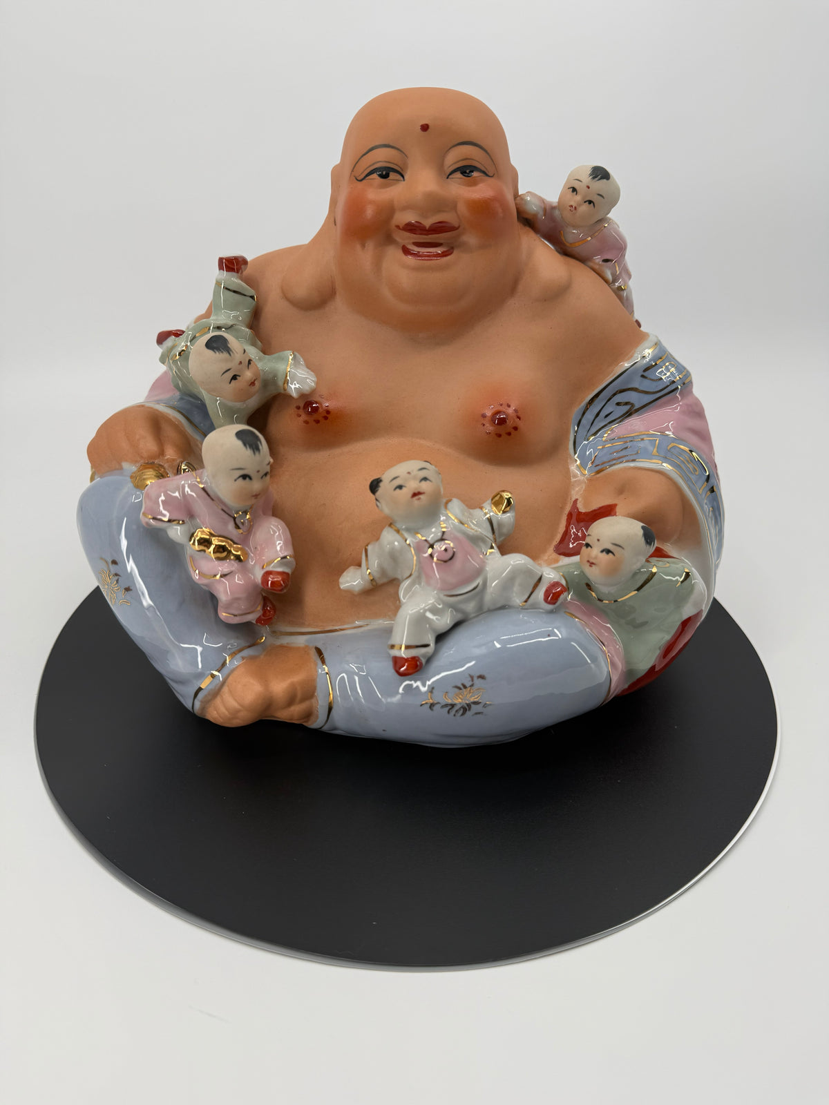 Vintage Porcelain Smiling Buddha with 5 Children – Gold Accents