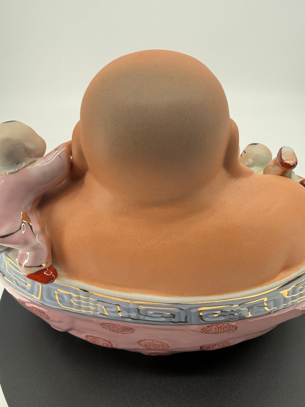 Vintage Porcelain Smiling Buddha with 5 Children – Gold Accents