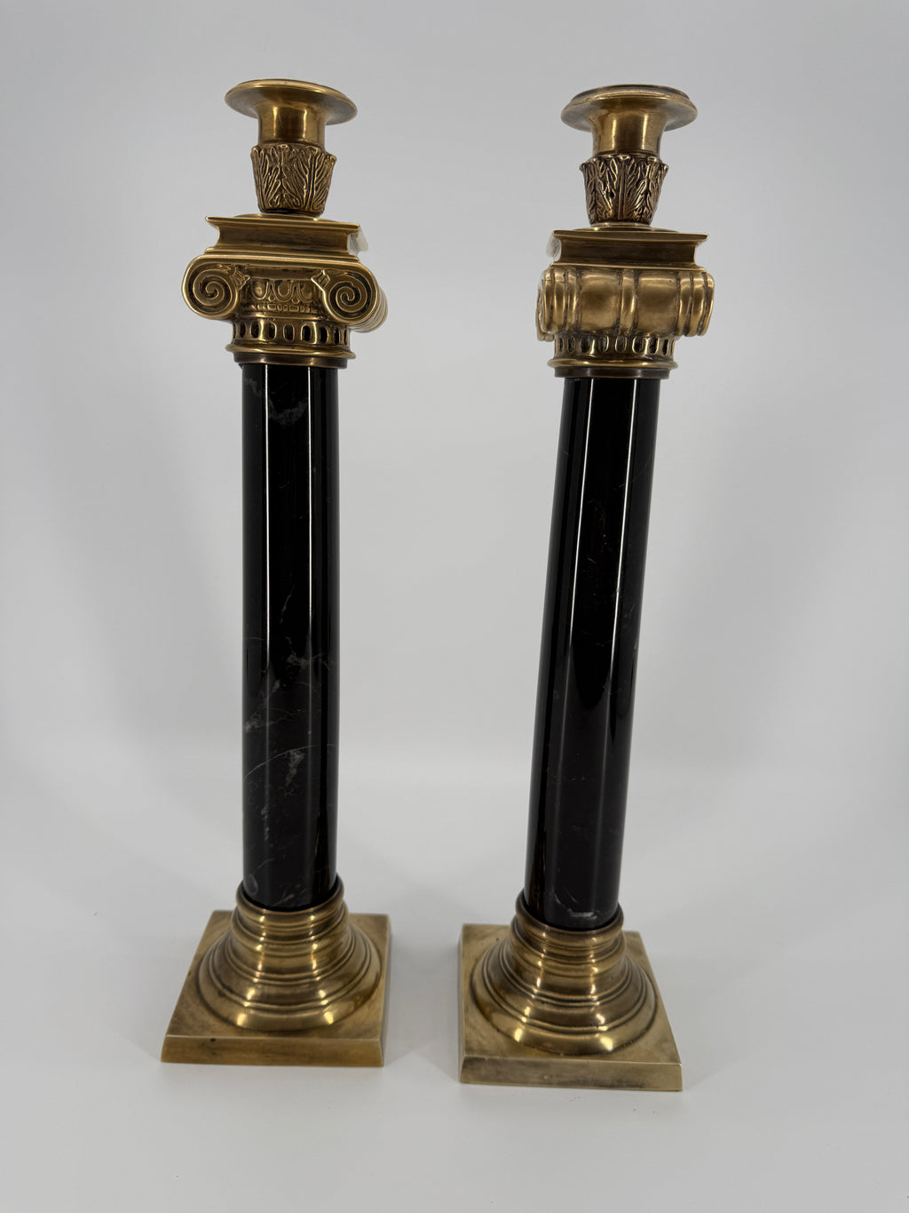 Vintage Brass & Black Marble Neoclassical Candlesticks – Pair – Circa 1970s–1980s – 14.5"