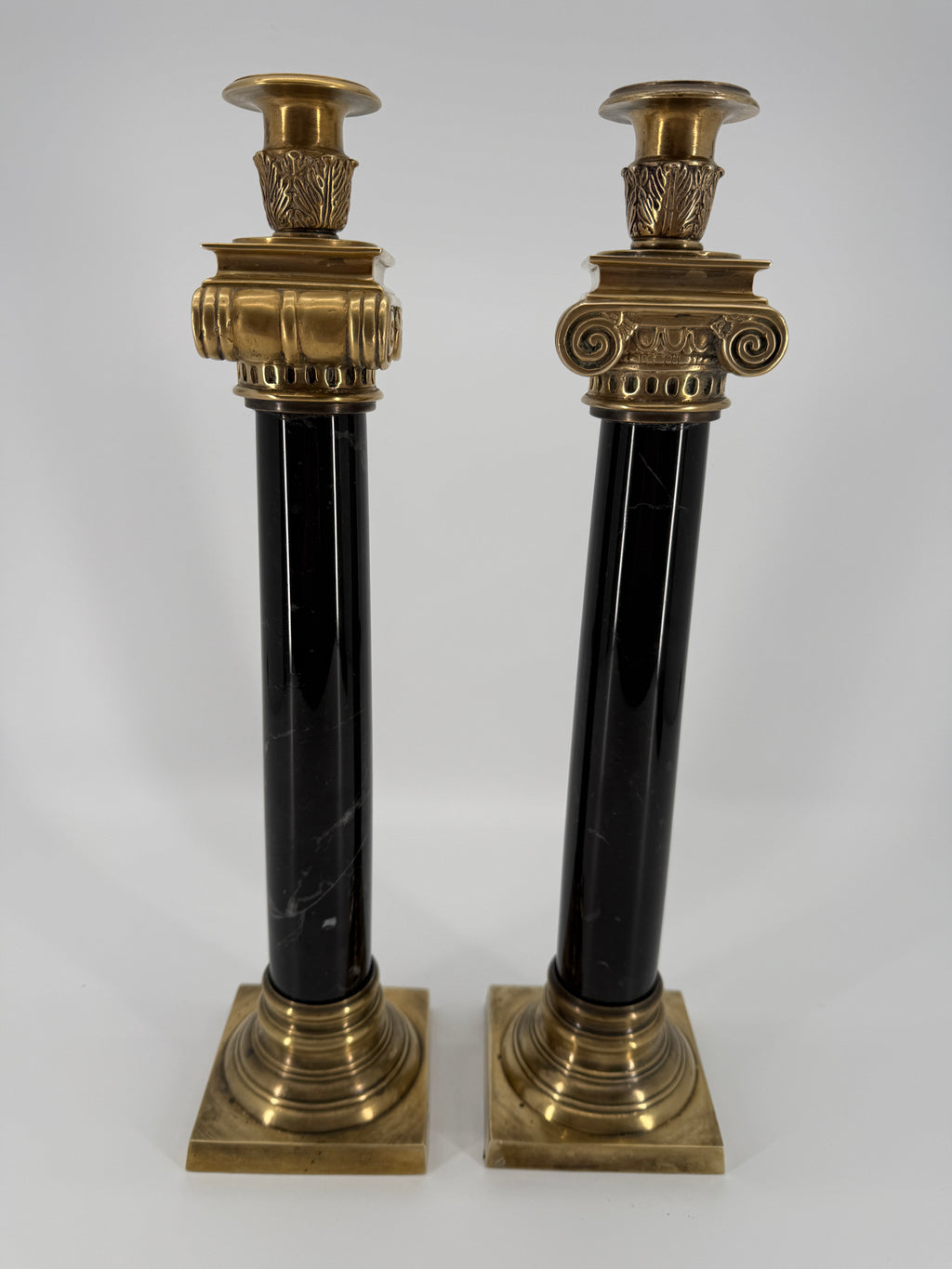 Vintage Brass & Black Marble Neoclassical Candlesticks – Pair – Circa 1970s–1980s – 14.5"