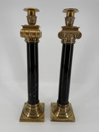Vintage Brass & Black Marble Neoclassical Candlesticks – Pair – Circa 1970s–1980s – 14.5"