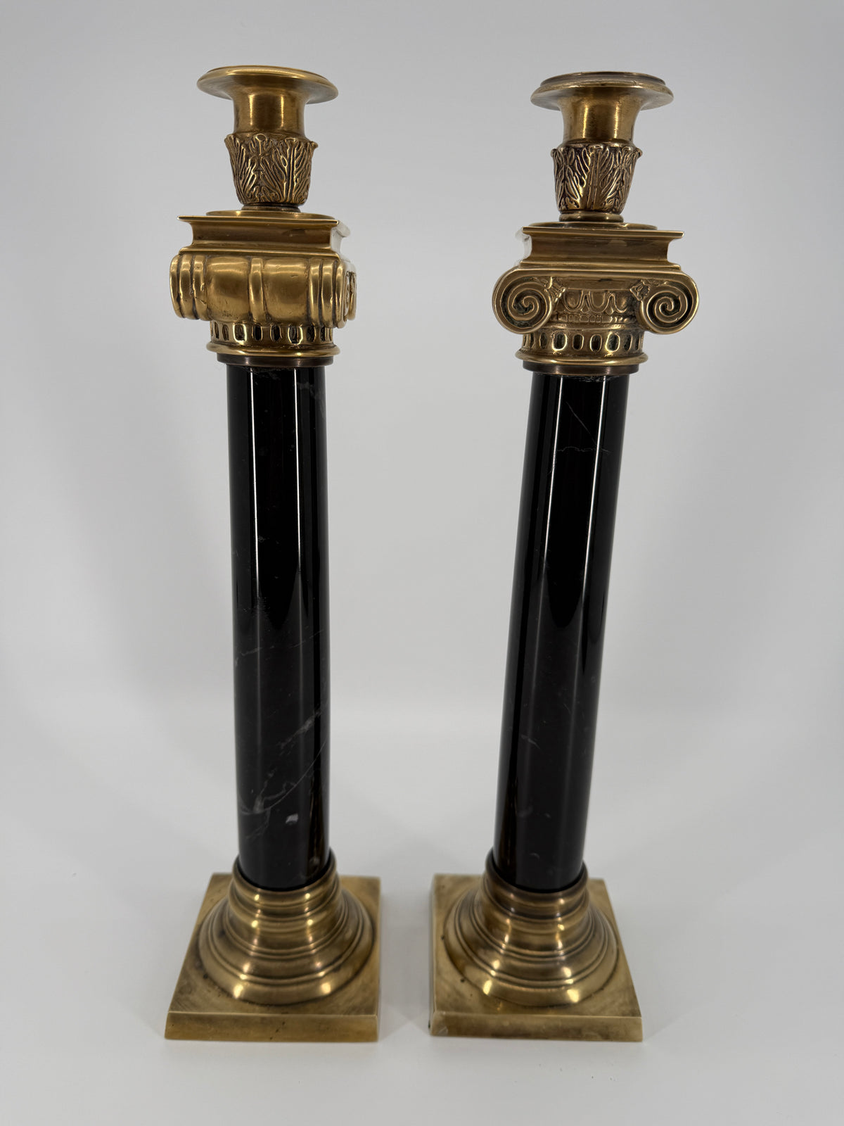 Vintage Brass & Black Marble Neoclassical Candlesticks – Pair – Circa 1970s–1980s – 14.5"