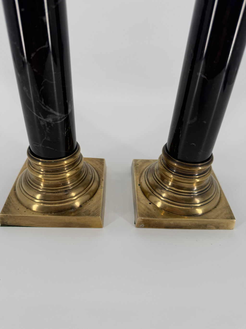 Vintage Brass & Black Marble Neoclassical Candlesticks – Pair – Circa 1970s–1980s – 14.5"