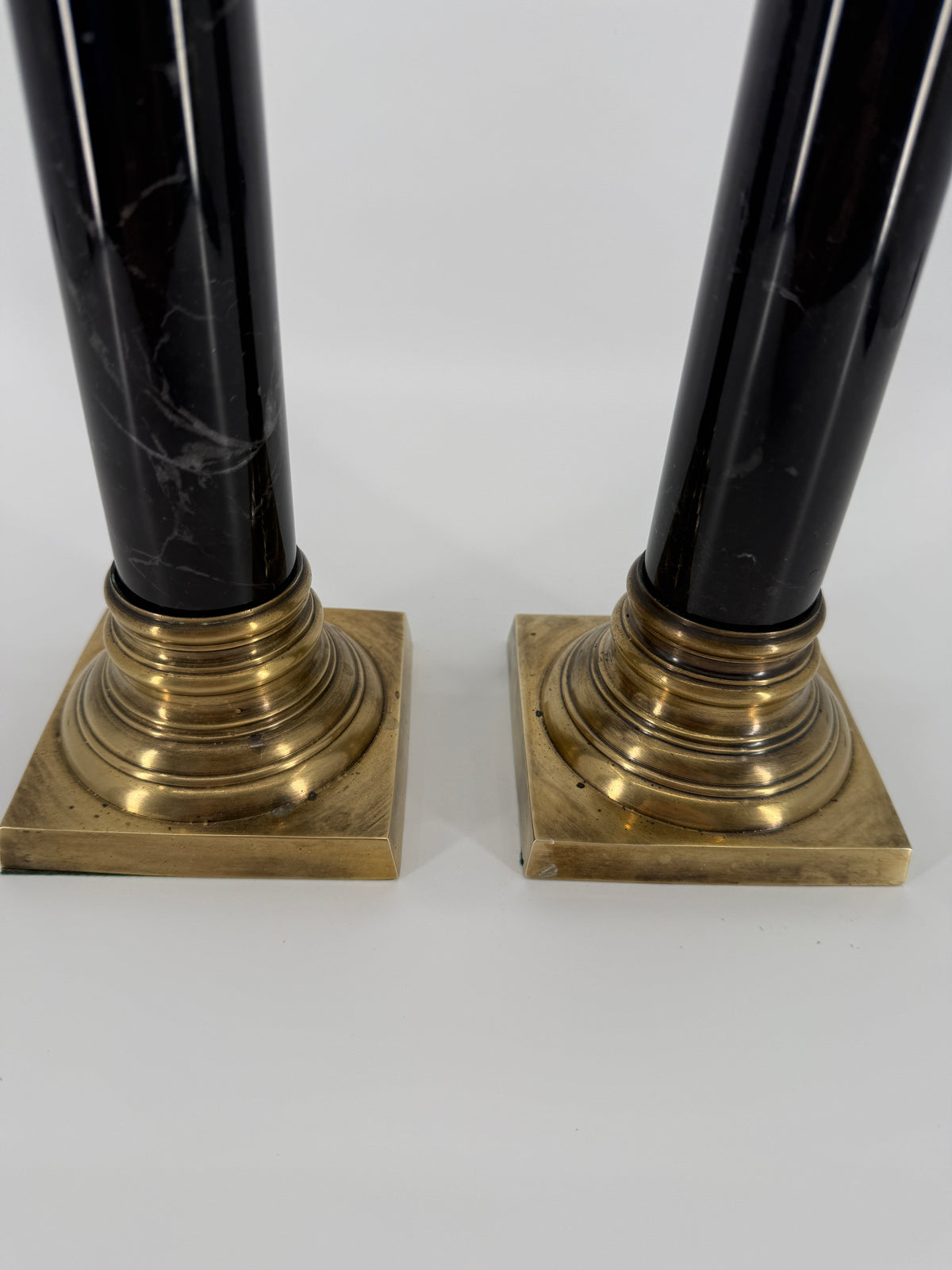 Vintage Brass & Black Marble Neoclassical Candlesticks – Pair – Circa 1970s–1980s – 14.5"
