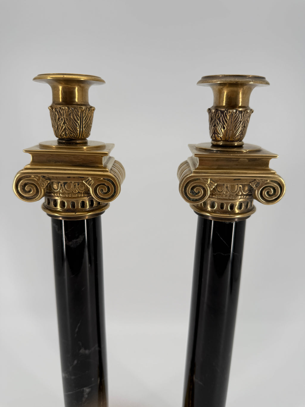 Vintage Brass & Black Marble Neoclassical Candlesticks – Pair – Circa 1970s–1980s – 14.5"